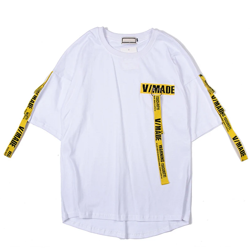 

T-shirt Men Ribbon Cotton Letter Harajuku Cotton Sleeve Punk T Shirt Fashion Casual Tops Tees 2019 Summer