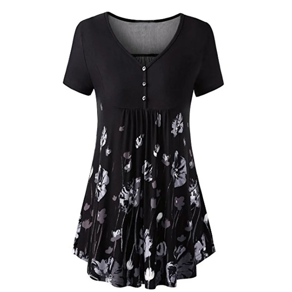 

Fashion womens blouses and tops for summer Printed V-Neck Button Front Pleated Flared Comfy Loose Tunic Long Tops Blouses