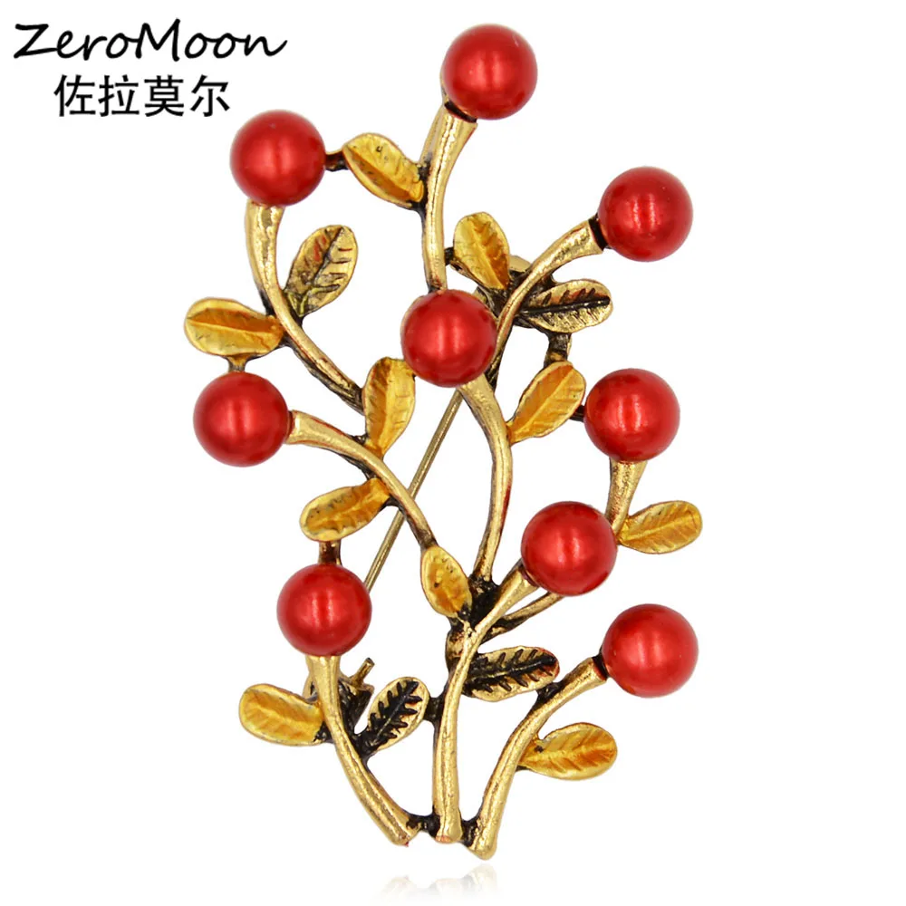 Antique Style Metal Fruit Tree Brooch Cranberry Pin Women Pearl Fashion