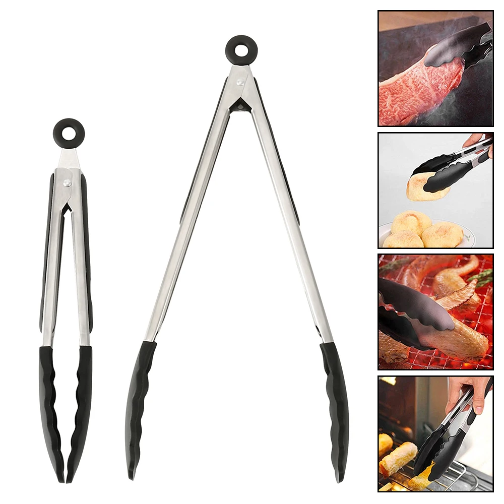 2PCS/set NEW Silicone Kitchen Cooking Salad Serving BBQ Tongs Stainless