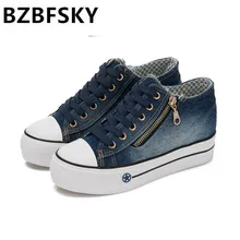 Сезон дамские ботинки на высокой платформе Джинсовая дышащая обувь Дамская парусиновая повседневная обувь Дамские кеды на толстой подошве Zapatillas Mujer