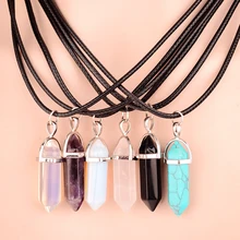 2015 Fine Jewelry Hexagonal Column Necklace Natural Quartz turquoise Agate Amethyst Stone Pendant Rope Necklace For Women