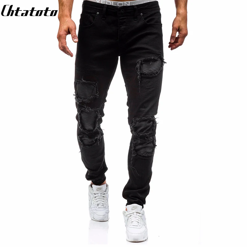 

2018 New Arrival Full Length Mid Pencil Pants Skinny Fake Designer Clothes New Men's Hole Trousers Waist Trend Jeans 2 Colors