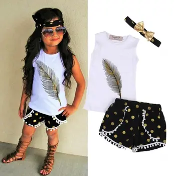 

3 Pcs Little Girls Summer Feather Clothing Set Kids Girl Outfits Sleeveless Vest Tops+Tassels Shorts Bottom+Headband Clothes