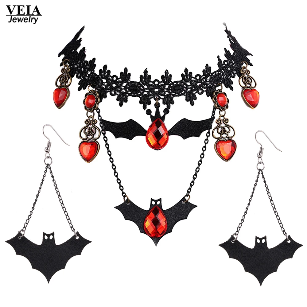 Halloween Jewelry Fashion Rhinestone Black Bat Choker Necklace For