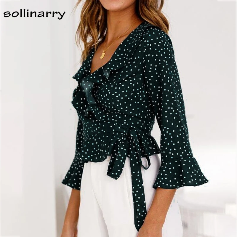 Sollinarry Long Sleeve Ruffles Blusa V Neck Sexy Short Blouse Shirt Feminina Polka Dot Boho Crop Tops Blouse 2018 Blouses