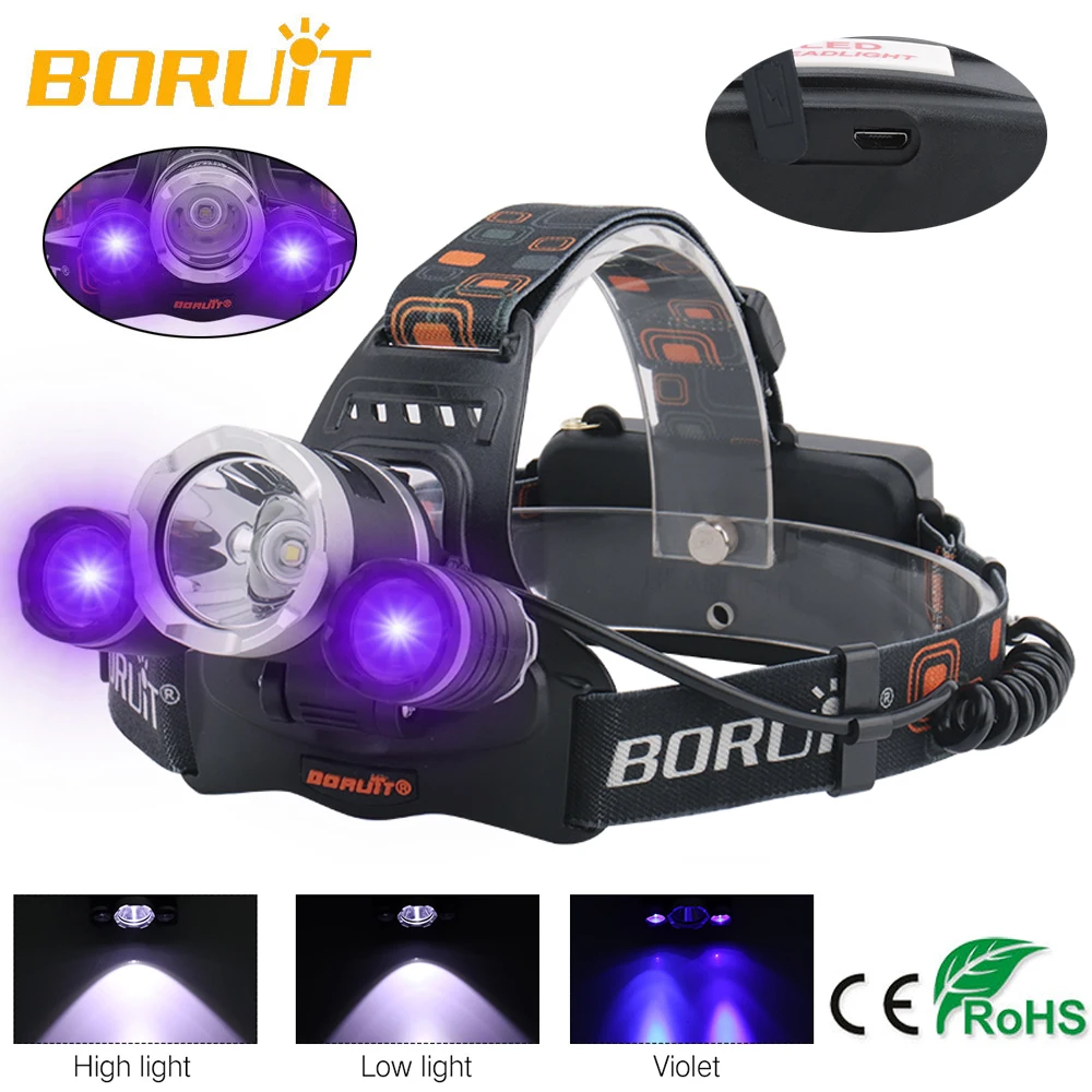 BORUiT-XML-T6-XPE-LED-UV-Headlamp-3-Mode-Purple-Headlight-USB-Charger-Violet-Head-Torch (2)