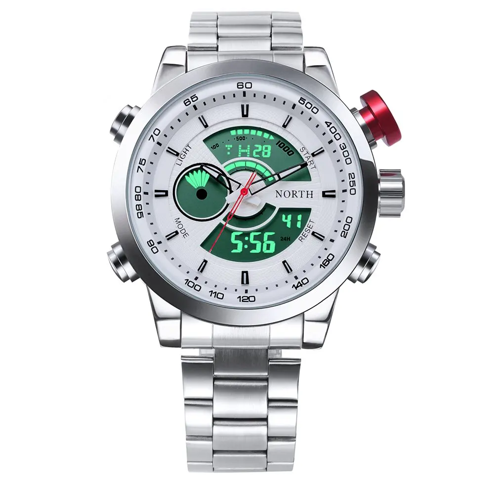 

North Sport Watches Men Digital Stainless Steel Dual Time Led Display Quartz Men's Watch Waterproof Military Chronograph Clock