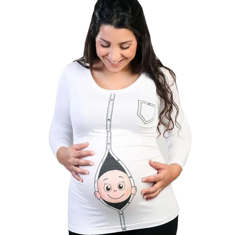 Cute Maternity Funny Shirts For Pregnant Women Casual Pregnancy Cartoon Tops Baby Staring Clothes Long Sleeve Lovely Top