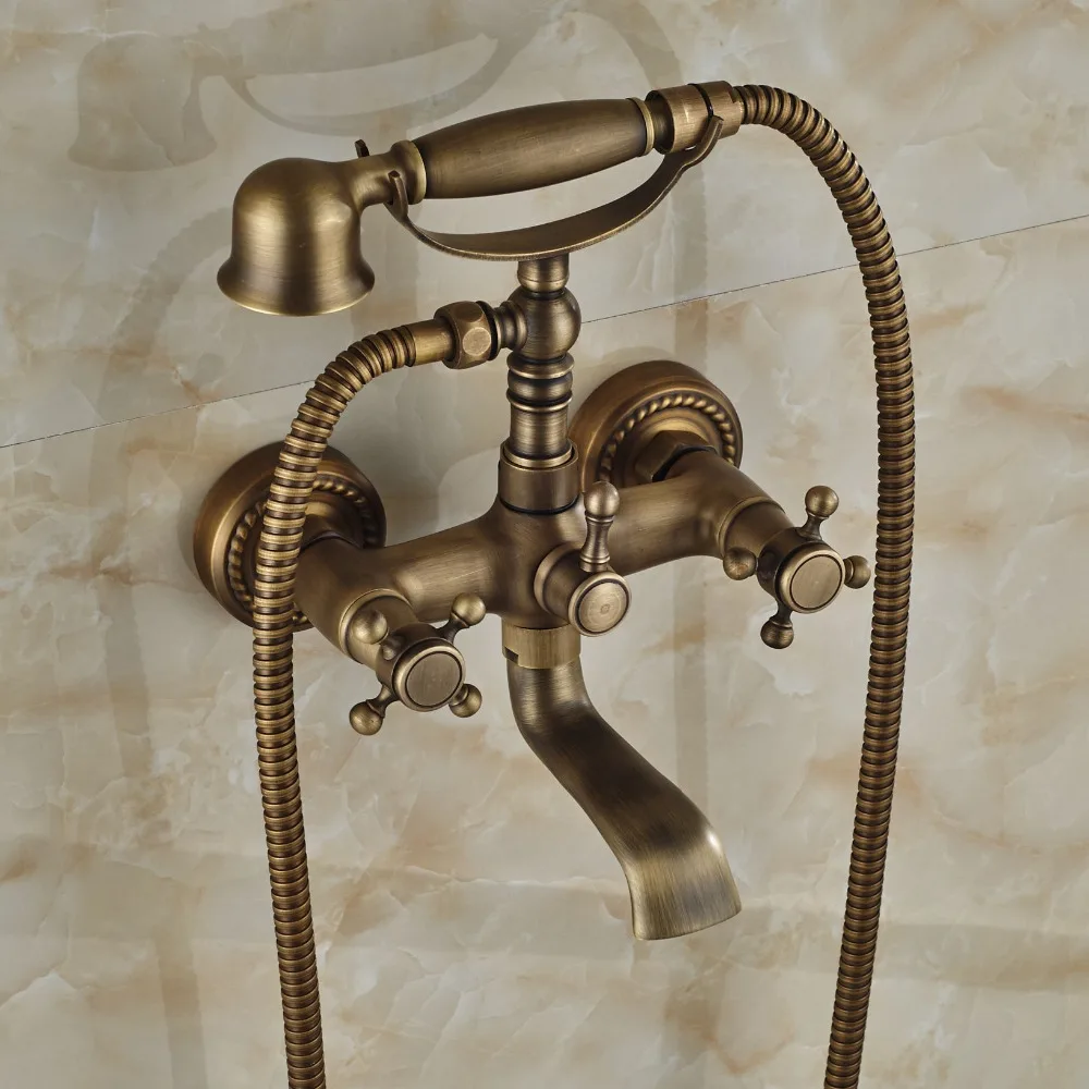 Dual Cross Handles Antique Brass Bathroom Tub Faucet with Hand Held Shower Sprayer
