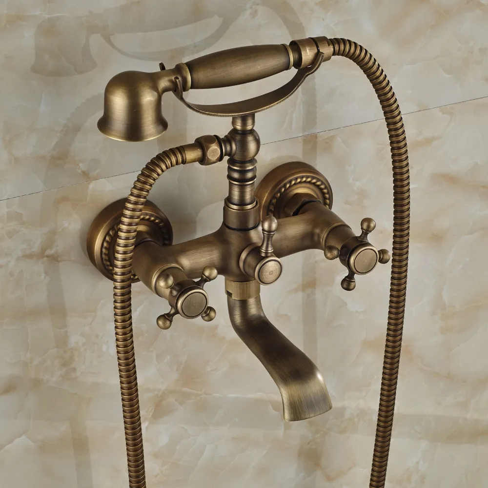 Dual Cross Handles Antique Brass Bathroom Tub Faucet with Hand Held Shower Sprayer Dual Cross Handles Antique Brass Bathroom Tub Faucet with Hand Held Shower Sprayer