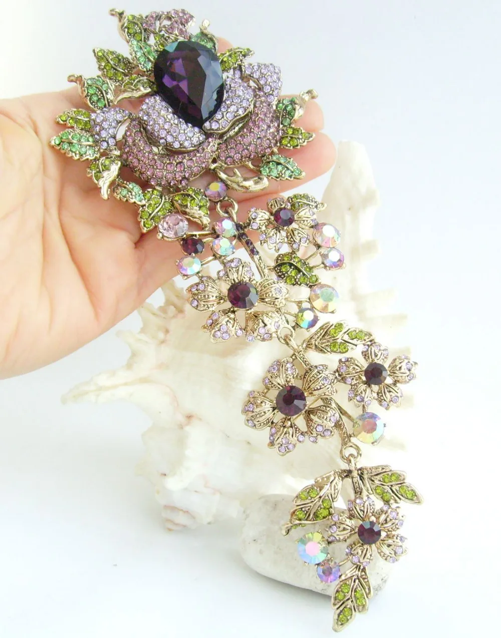 

7.5" Gorgeous Flower Brooch Pin Pendant Purple Rhinestone Crystal EE04705C3