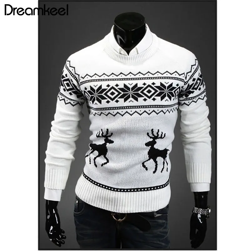 Мужской свитер модный мужской Рождественский свитер одежда английский стиль мужской свитер пуловеры с оленями свитер с рисунком «олени» тонкий круглый вырез Y - Цвет: Белый