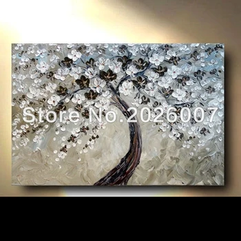 

Handmade Wall Art Decorative Handmade Canvas Modern Artworks Abstract Brown Tree White Flower Knife Tree Oil Painting
