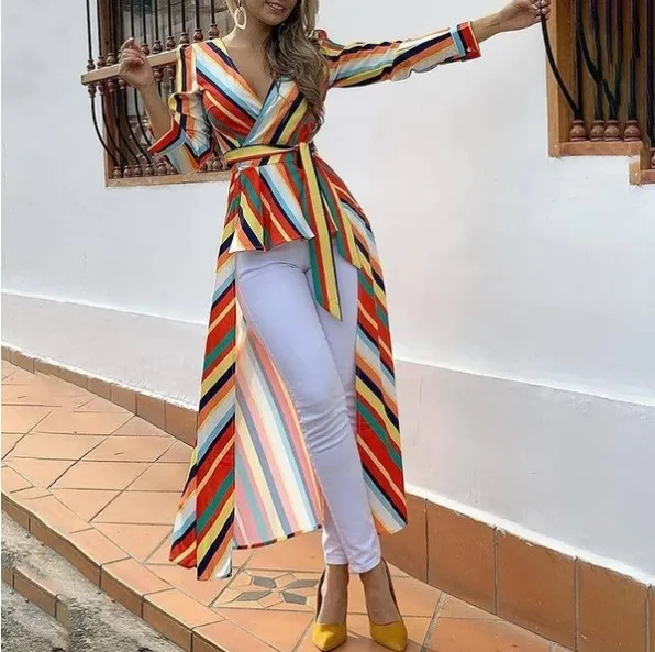 

Baharcelin summer Women Girl Shirts Tops Summer rainbow long sleeve slim irregular Blouse Shirt Loose Plus Size Top Clothing