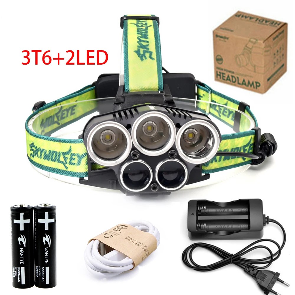 Светодиодный налобный фонарь T6 + 2 10000 лм 6 режимов перезарядки USB|headlamp headlight|head