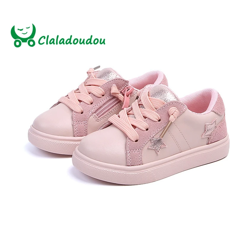 

Claladoudou 13.5-18.5CM Brand 2019 Spring Girls Sneakers Pink White Genuine Leather Slip-on Flats With Side Zip Toddler Shoes