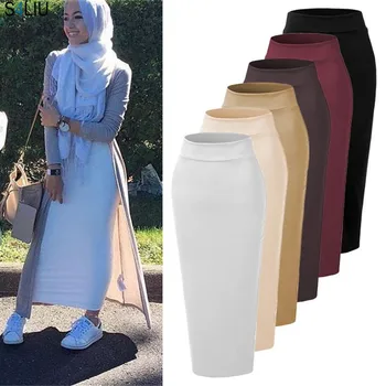 

6 Colors Fashion Elegant Women Lady Spring Pencil Skirt Highwaist Bodycon Cotton Muslim Ankle-Length Skirts Islamic Bottoms New