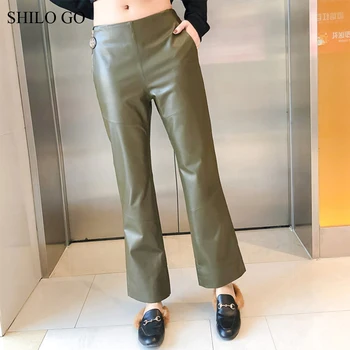

SHILO GO Leather Pants Womens Spring England sheepskin genuine leather Pants high waist lady office concise OL small flare pants