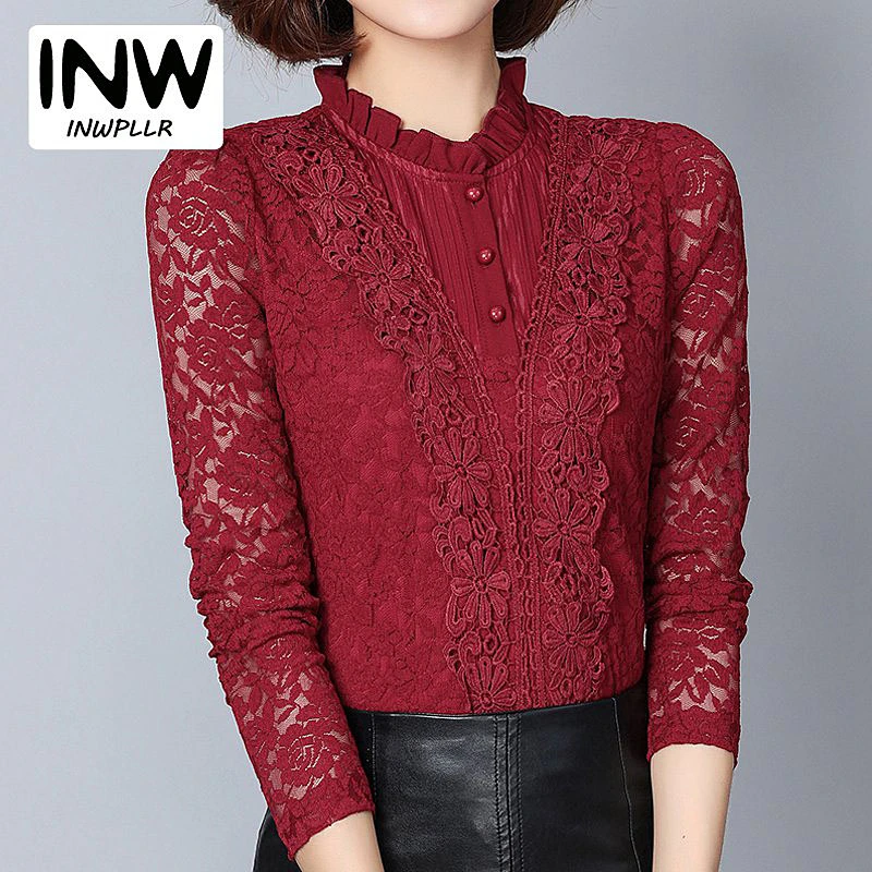 2017 Nueva Caída de Señoras Rojo Blusas Tops de Encaje Camisas de Las Mujeres de Moda de Manga Larga Más Tamaño Renda Blusa de La Gasa femenino|lace fashion tops|lace toplace