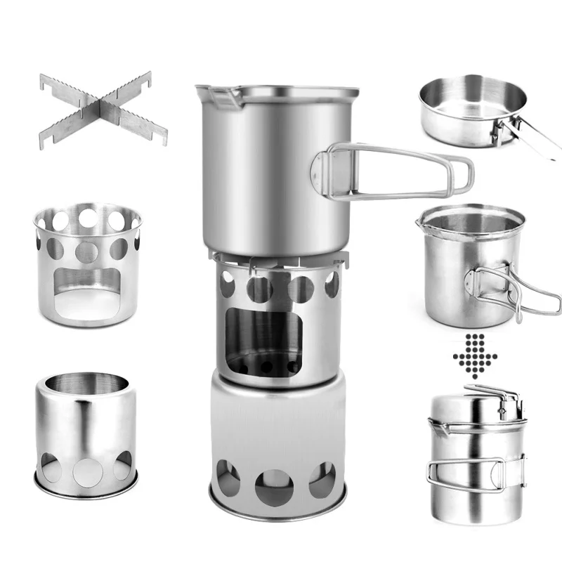 

Camping Cookware Set Portable Wood Stove Cooking Pot Set Stainless Steel Tableware Folding For Backpacking Fishing Outdoor