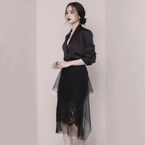 Подиумный Женский комплект из 2 предметов, платье, весенний черный сексуальный блейзер с глубоким v-образным вырезом, длинное пальто+ модная нестандартная кружевная Лоскутная юбка в сеточку, костюмы