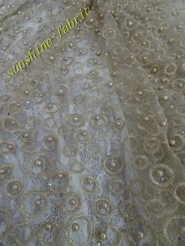 

Gold African French Tulle Lace Fabric High Quality Beaded Bridal Lace Fabric 2017 New Coming Indian Fabric