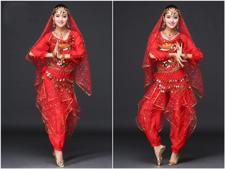 Женская Одежда для танцев сари танец живота костюм Болливуд индийские брюки костюм(включая Топ, пояс, брюки и вуаль