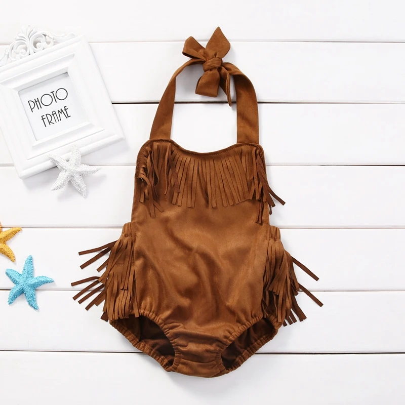 2019 New Party Brown Tassel Newborn Baby Girl Tassels Jumpsuit Kid Clothes Outfit Sunsuit