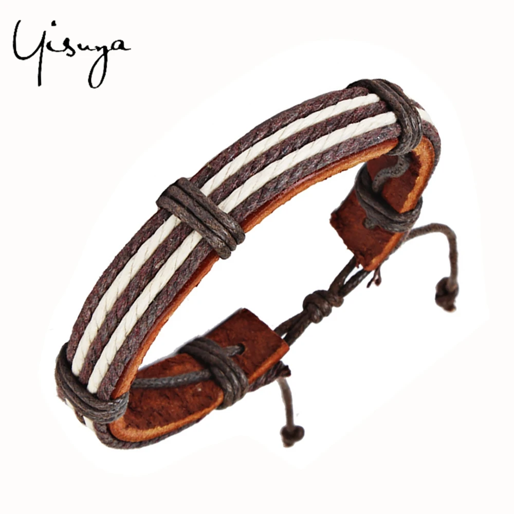 

Forest White Brown Stripe Leather Bracelets Unisex Men Women Rope Charming Chain Retro Stylish Toggle Clasps Rope Bangles
