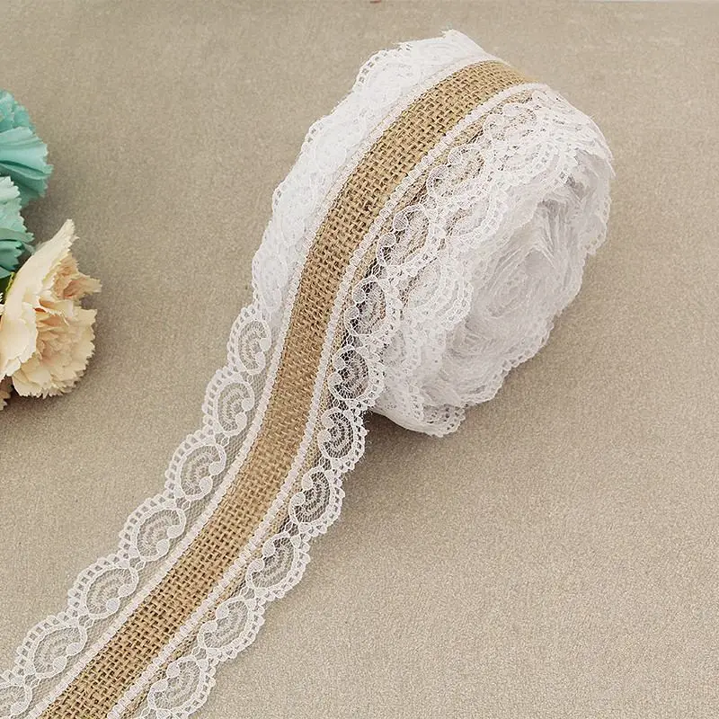 

2 Meter 25mm Lace Burlap Roll Natural Jute Hessian Ribbon With White Lace Rustic Wedding Party Decoration Ornament Gift Decor 7