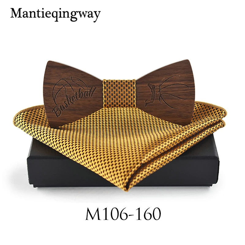  Mantieqingway Wood Bowtie+Handkerchief Sets for Mens Suit Wooden Bowtie Polyester Pocket Sqaure Bow