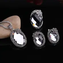 Sellsets, винтажное серебряное модное ювелирное изделие, милый цветок, ювелирное изделие, большой серый кристалл, ожерелье, серьги, кольцо, наборы для женщин, подарок