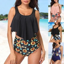 Прямая OEAK Женская мода из двух частей Танкини набор печати купальники оборки Высокая купальники