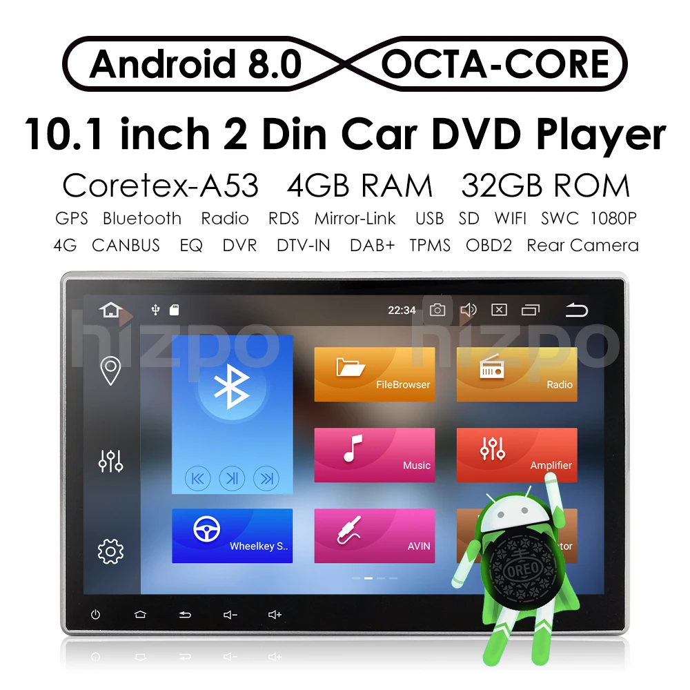 Best PX5 10.1"Universal 2 din Car dvd radio Player Navigation GPS Android 8.0 Octa Core 4G LTE 4GB+32GB DAB+ TPMS Carplay SWC DVR RDS 2