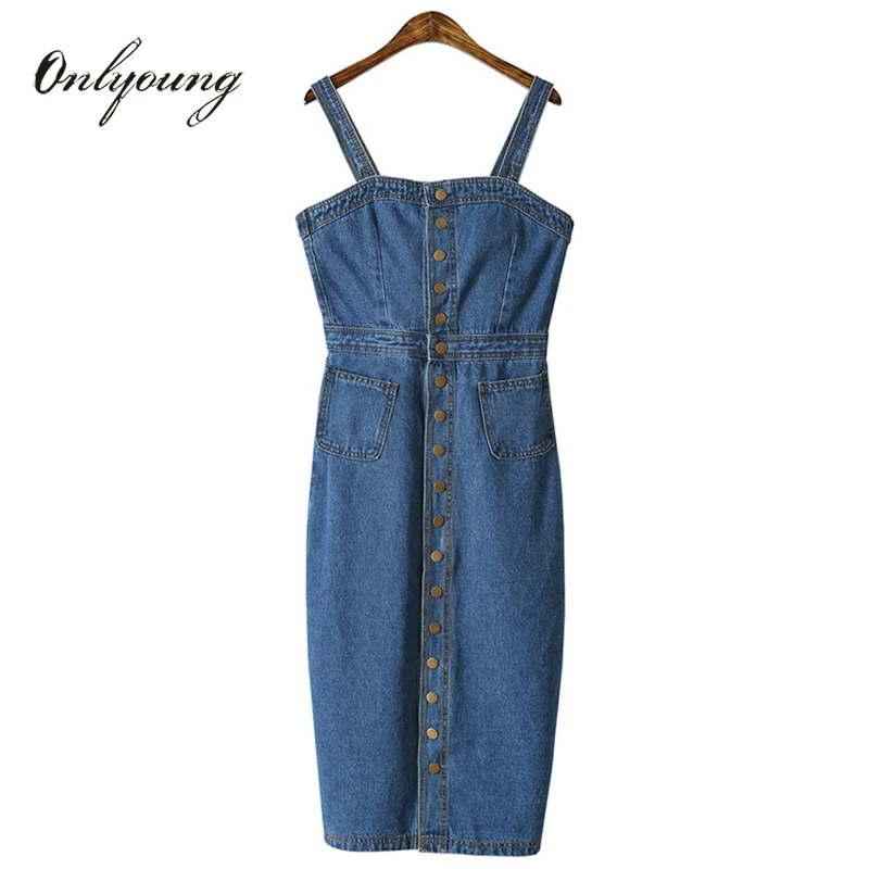 Onlyoung 2018 Summer Women Denim Dress Sundress Overalls Blue Sexy Bodycon Dress Casual Female Jeans Dress