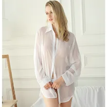 Oversize S-5XL סקסי הלבשה תחתונה חולצה נשים בית החבר סגנון לבן כפתור חולצה שקוף נייטי אביב קיץ שיפון חולצות(China)