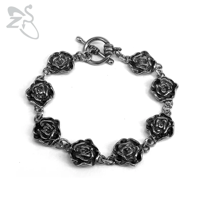 

ZS Gothic Style Rose Flower Bracelet Stainless Steel Jewelry for Women Men Vintage Female Punk Goth Bracelet Hip Hop Jewellry