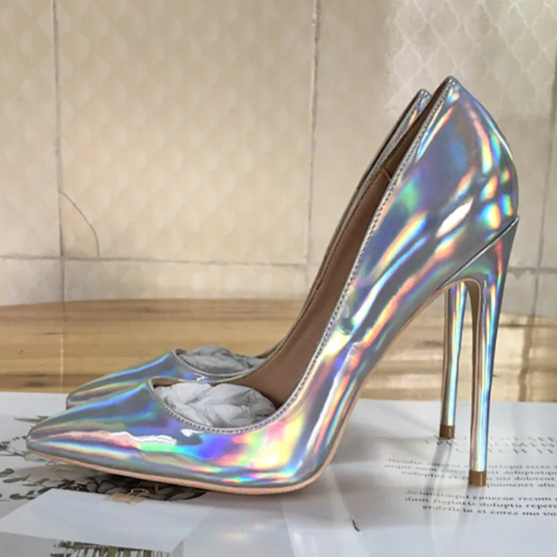 

Free shipping fashion women pumps Casua silver laser patent leather pointed toe high heels shoes 12cm 10cm 8cm Stiletto