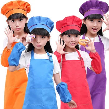 

Children Baby Kids Apron Sleeves Hat Set Big Pocket Kitchen Baking Painting Cooking Craft Art Bib Apron M L Print Logo