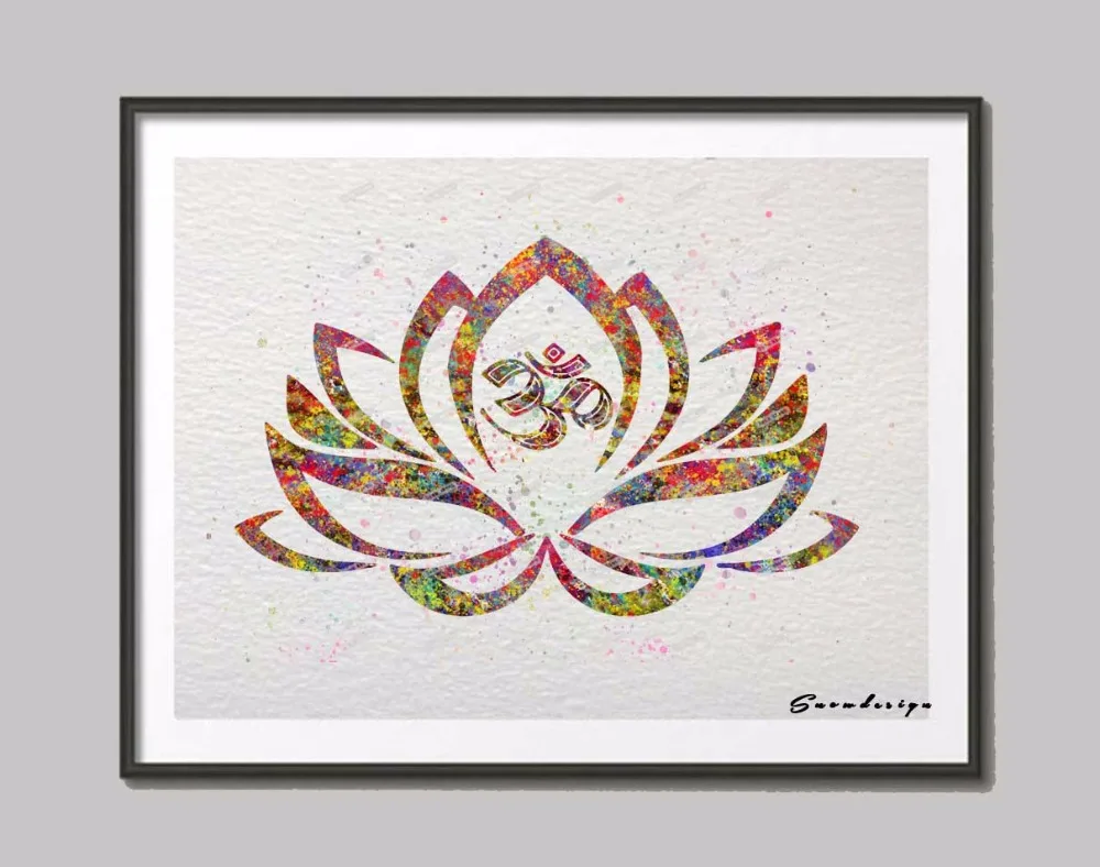 

Original Watercolor Lotus Flower Om Sign Yoga wall art canvas painting poster print Pictures Living room home Decor wall hanging