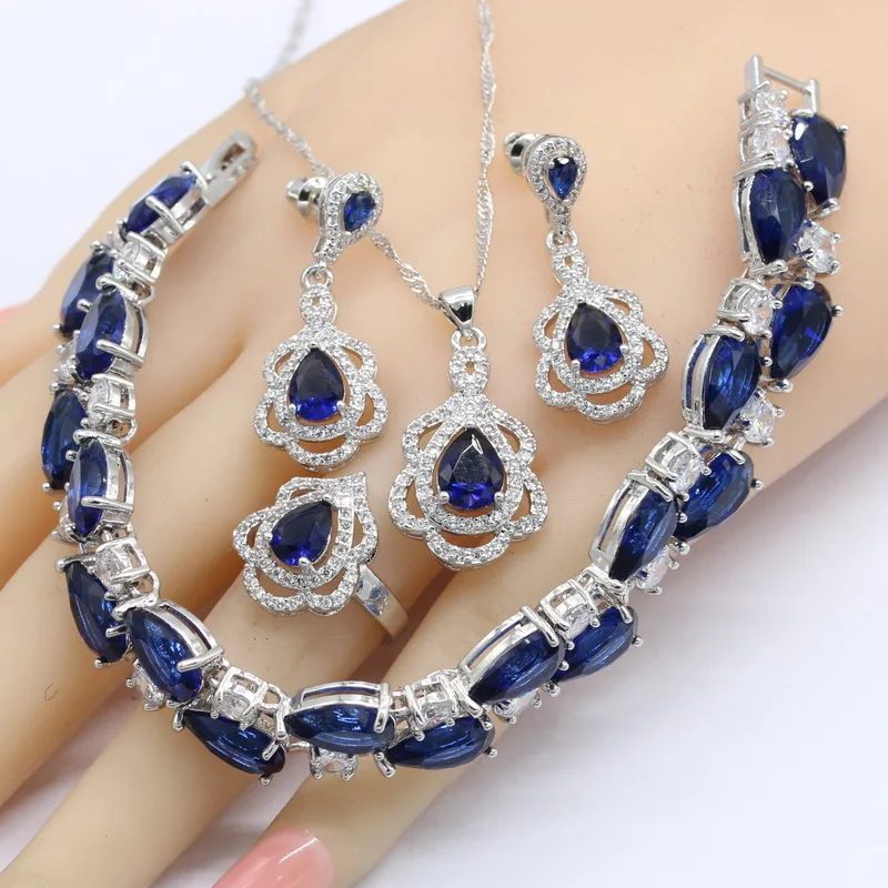 

Water Drop 925 Silver Jewelry Sets Women Gift Dark Blue Semi-precious Necklace Pendant Bracelets Earrings Rings