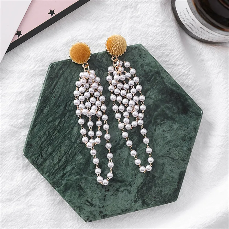 New Elegant Velvet Button Long Beaded Pearl Tassel Drop Earrings for Women Fashion Jewelry Statement Dangle Earring 6G2011