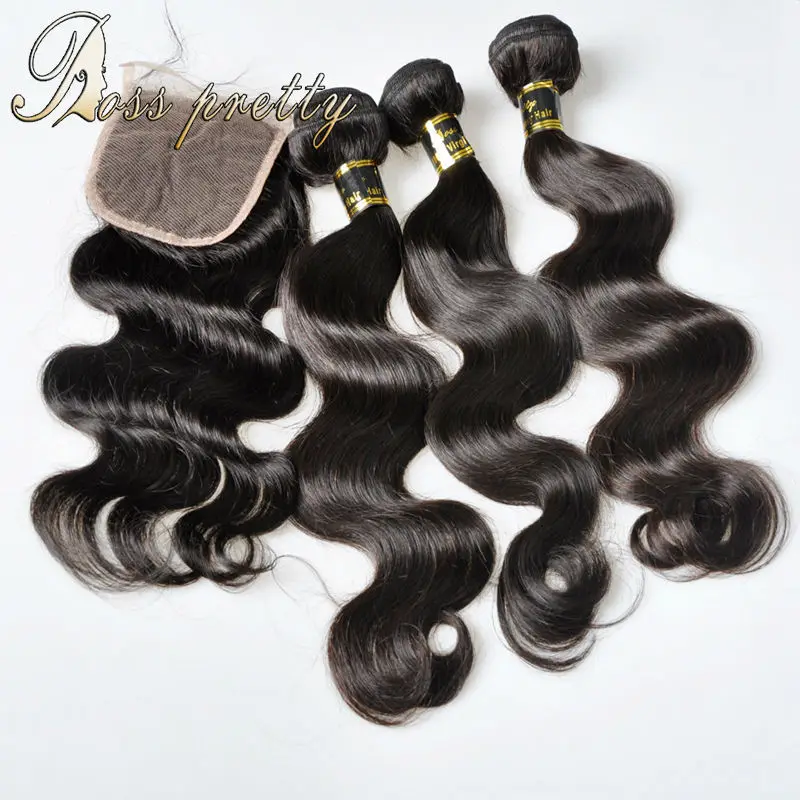 Ross Pretty Hair Quality Brazlian Virgin hair with closure human hair bundles with Lace closure Brazilian body wave with closure