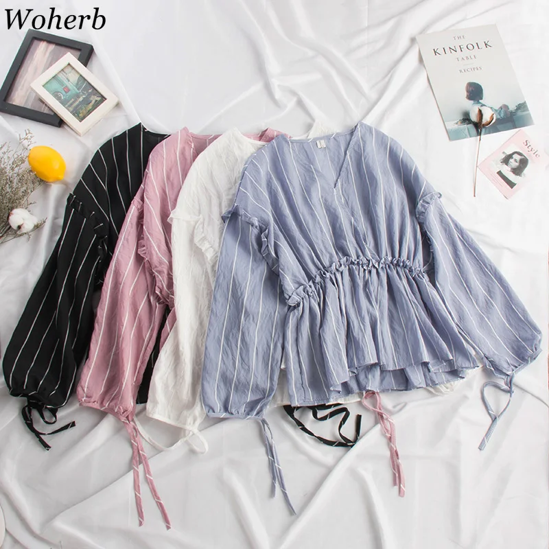 Женская блузка в полоску Woherb с v образным вырезом Повседневная Блузка длинным