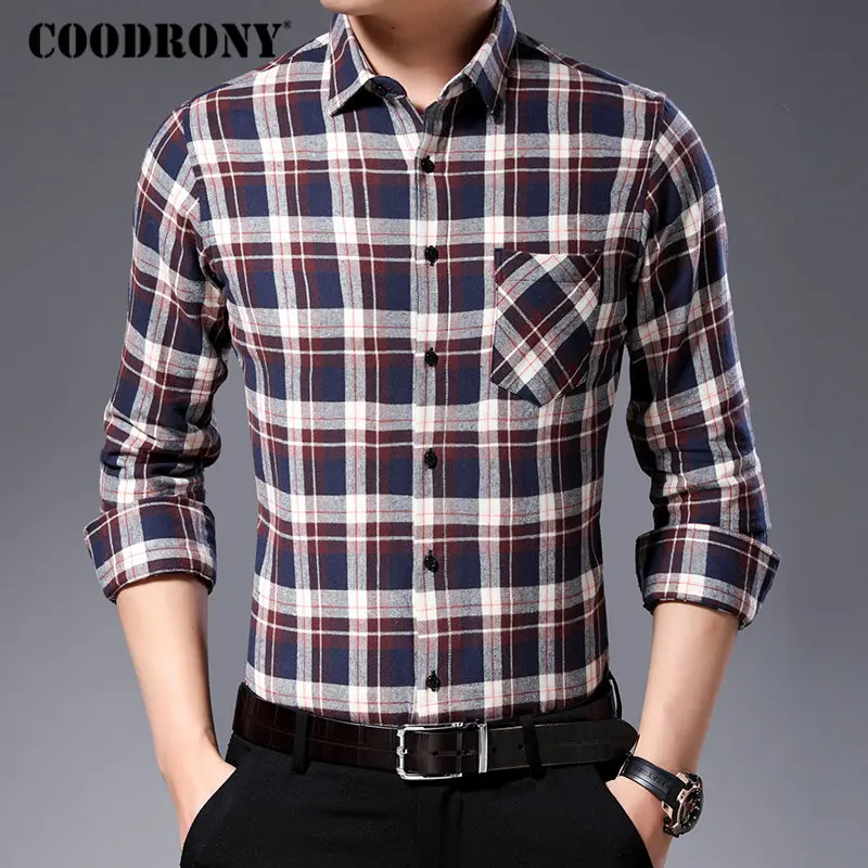 COODRONY, Мужская Осенняя уличная рубашка, модные клетчатые повседневные рубашки, мягкая хлопковая рубашка с длинным рукавом, мужская рубашка с карманом, 96056