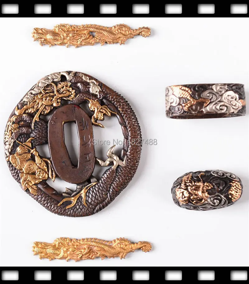 A Set Dragon Theme Brass Sword Fittings Tsuba Menuki Fuchi Kashira for Japanese Wakizashi/Samurai Sword Katana Nice Metal Crafts