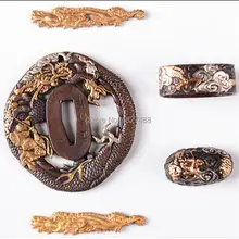 A Set Dragon Theme Brass Sword Fittings Tsuba Menuki Fuchi Kashira for Japanese Wakizashi/Samurai Sword Katana Nice Metal Crafts