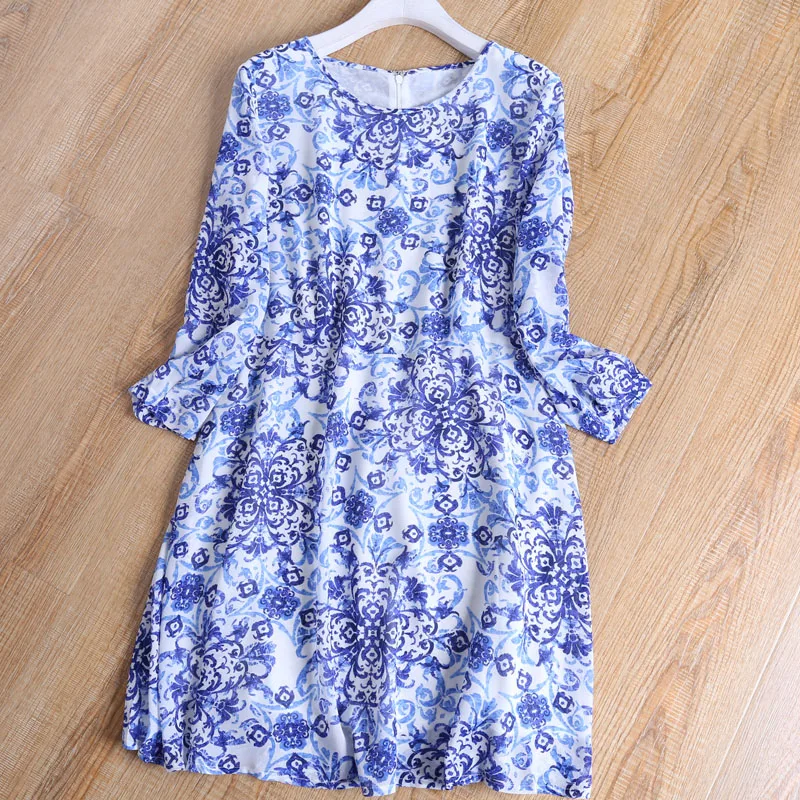 

Summer Print Floral Dress Nine-minute Sleeve Chiffon Loose Party Dress Vintage Ladies O-Neck Dress
