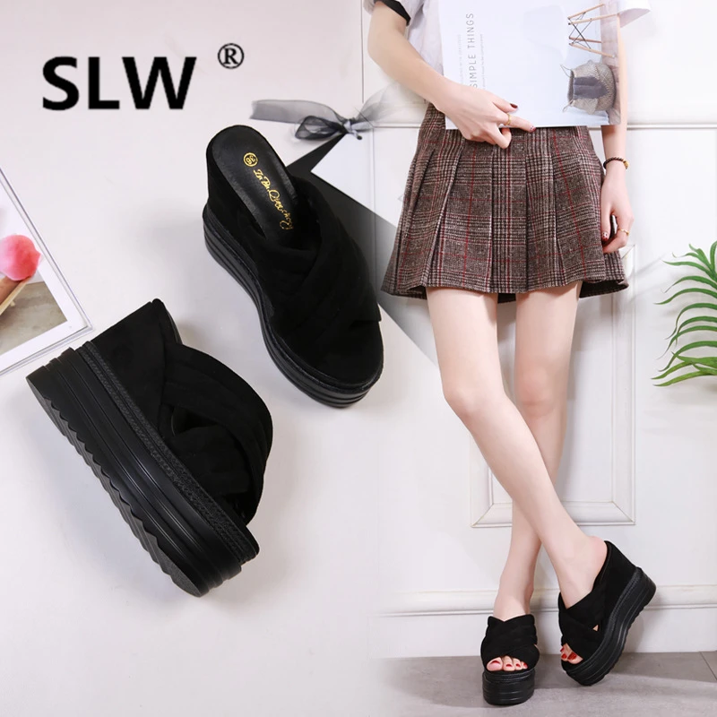 

On A Wedge Slippers Heels Slides Women Shoes With Platform High Sliders Summer 2019 Wedges Rome Basic PU Scandals Shoes Slides